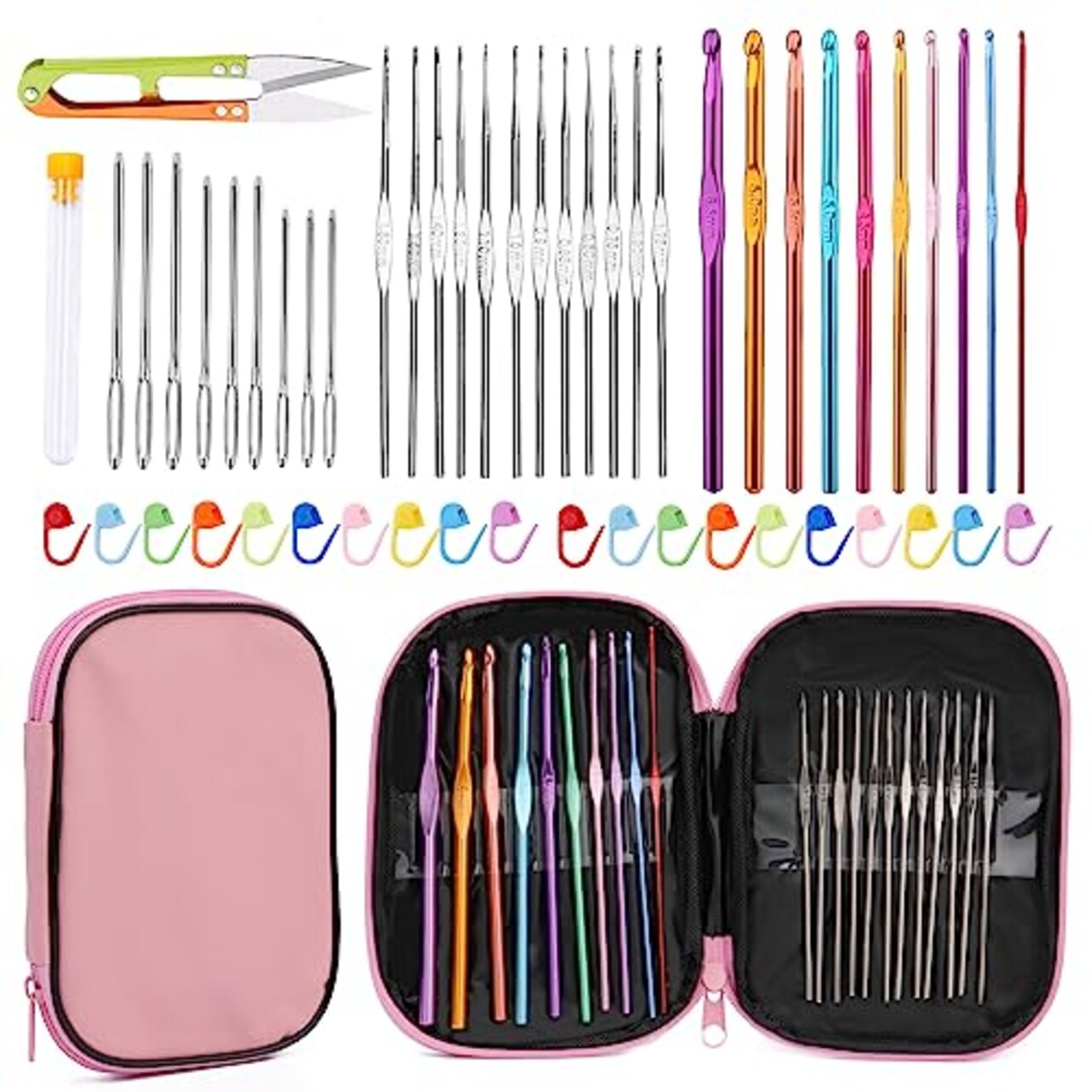 IMZAY 54 Pcs Crochet Needles Set, Crochet Hooks Kit with Storage Case,  Ergonomic Knitting Needles Blunt Needles Stitch Marker DIY Hand Knitting  Craft Art Tools for Beginners-Pink